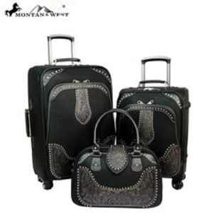 Montana West Tooled Leather 3 PC Luggage Set-Black